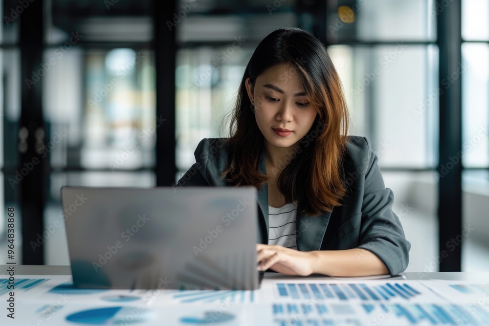 A woman sitting at a table with a laptop, possibly doing work or studying A woman sitting at a table with a laptop, possibly doing work or studying