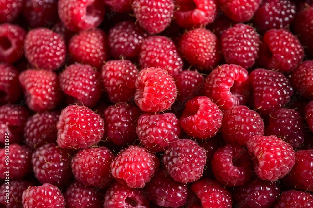 Fresh raspberries tightly packed, glossy red berries create vibrant, textured pattern Fresh raspberries tightly packed, glossy red berries create vibrant, textured pattern