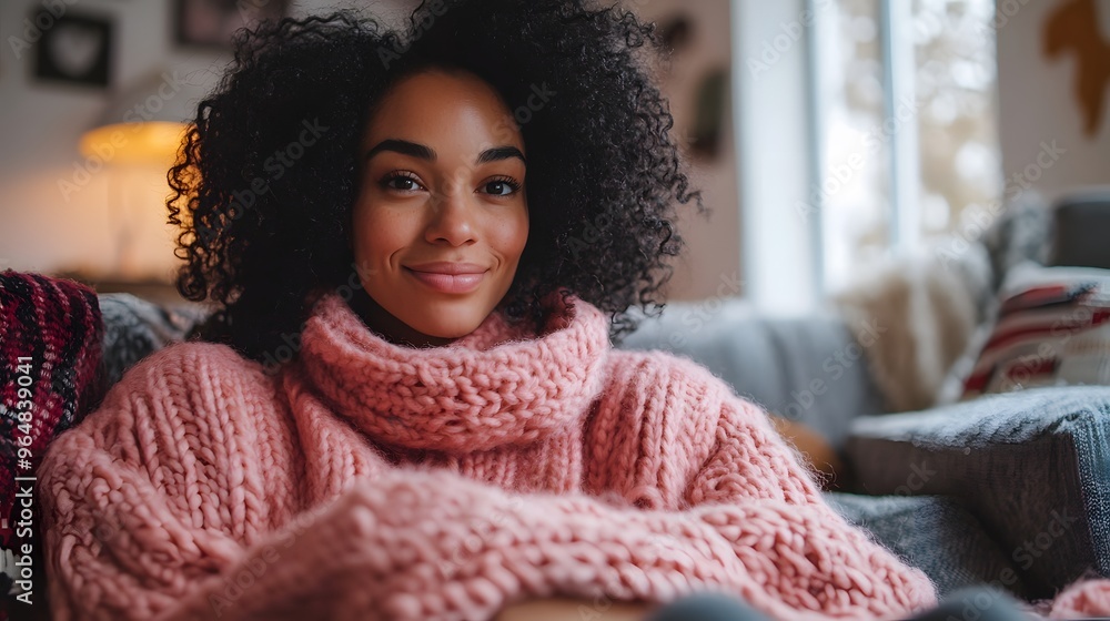 Young woman relaxing in a pink knit sweater during breast cancer awareness month Young woman relaxing in a pink knit sweater during breast cancer awareness month