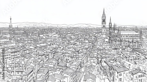 Illustration depicting a stunning view of a historical city center and a prominent basilica with line art