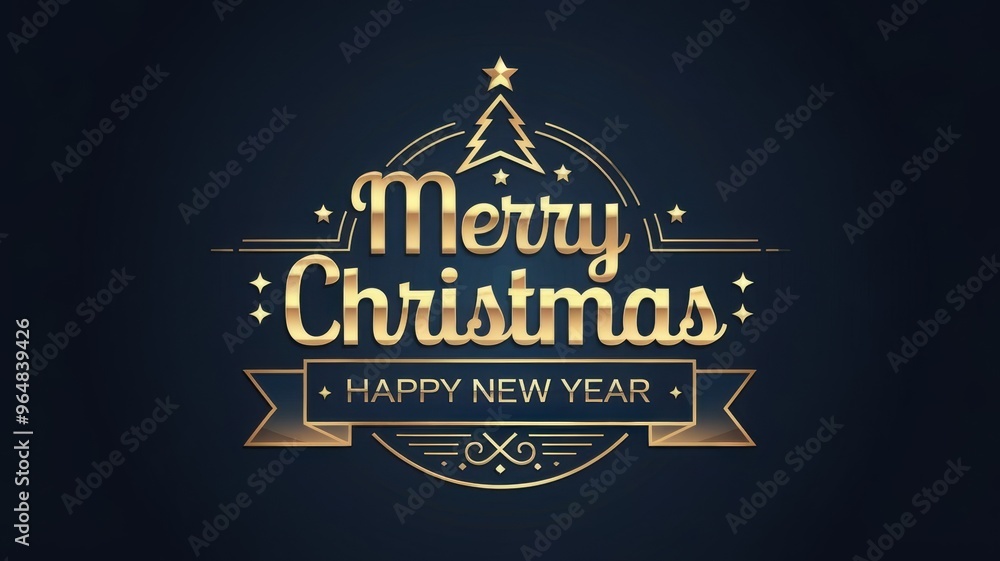 Merry christmas card banner with christmas tree golden line art illustration
