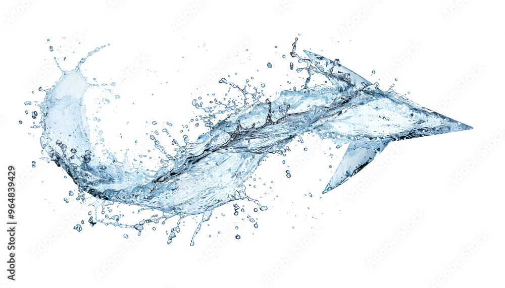 Curved arrow made of water splashes, isolated on a white background Curved arrow made of water splashes, isolated on a white background