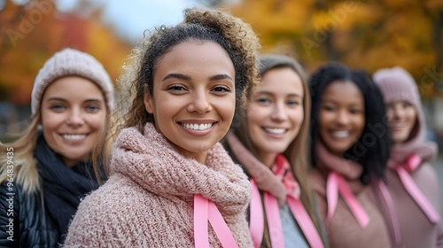 Diverse group of women with pink breast cancer awareness ribbons smiling together in solidarity