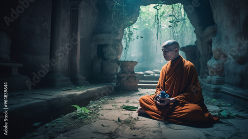 a serene monk sitting cross-legged in the style of lomography, subtle meditative color contrasts, with rays of dark orange light piercing through blue mist, an ancient temple ruin covered