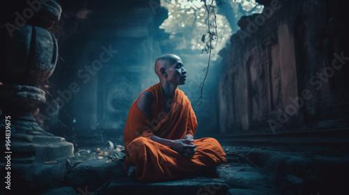 a serene monk sitting cross-legged in the style of lomography, subtle meditative color contrasts, with rays of dark orange light piercing through blue mist, an ancient temple ruin covered
