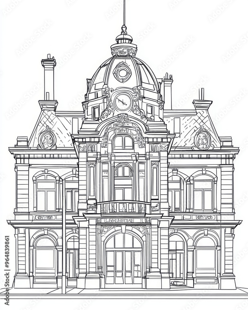 The iconic Art Nouveau architecture of a railway station originally opened to the public in the early 20th century is illustrated in line art The iconic Art Nouveau architecture of a railway station originally opened to the public in the early 20th century is illustrated in line art