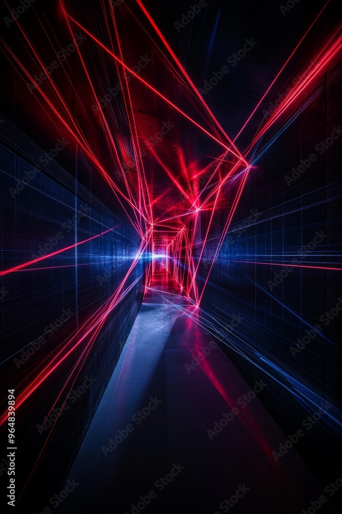 In this line art illustration, a vibrant neon composition is complemented by a computer generated backdrop that resembles a tunnel in a dark space In this line art illustration, a vibrant neon composition is complemented by a computer generated backdrop that resembles a tunnel in a dark space