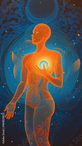 a meditative figure in the style of lomography, standing with an outstretched hand in a cosmic dance, glowing dark orange and light blue hues, luminous shadows cast around the body, heart