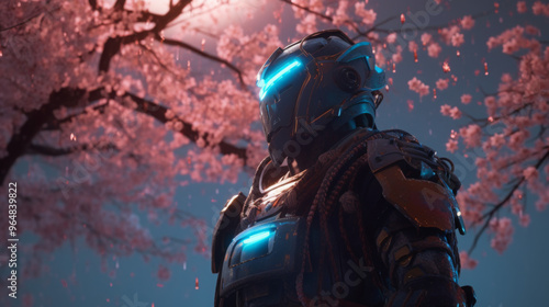 a futuristic samurai in the style of lomography, standing in a field of glowing cherry blossoms under a starry sky, dark orange and light blue cyber armor reflecting luminous shadows, heart