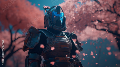 a futuristic samurai in the style of lomography, standing in a field of glowing cherry blossoms under a starry sky, dark orange and light blue cyber armor reflecting luminous shadows, heart