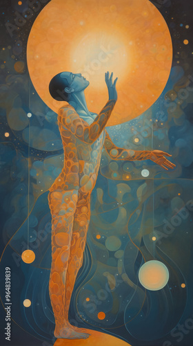 a meditative figure in the style of lomography, standing with an outstretched hand in a cosmic dance, glowing dark orange and light blue hues, luminous shadows cast around the body, heart