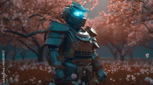 a futuristic samurai in the style of lomography, standing in a field of glowing cherry blossoms under a starry sky, dark orange and light blue cyber armor reflecting luminous shadows, heart