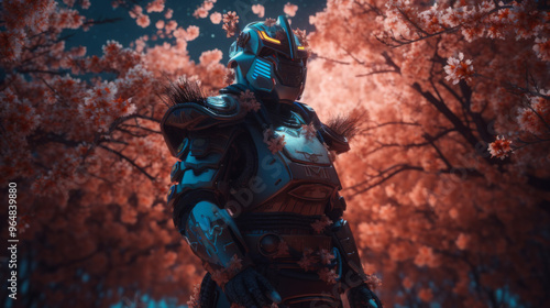 a futuristic samurai in the style of lomography, standing in a field of glowing cherry blossoms under a starry sky, dark orange and light blue cyber armor reflecting luminous shadows, heart