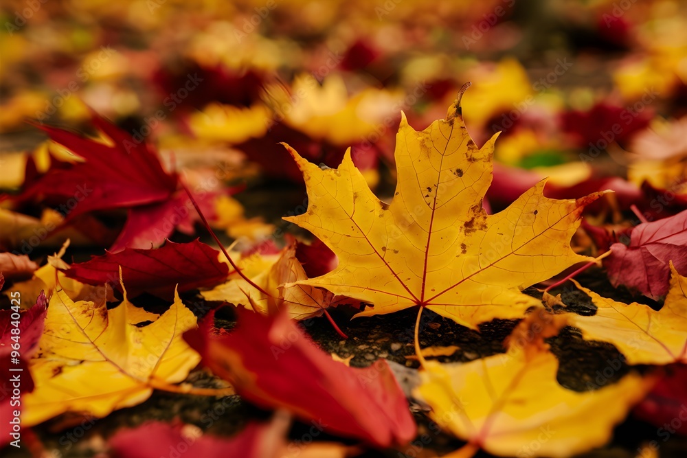 Fallen autumn leaves in deep reds, yellows, oranges, with golden maple leaf highlighted Fallen autumn leaves in deep reds, yellows, oranges, with golden maple leaf highlighted