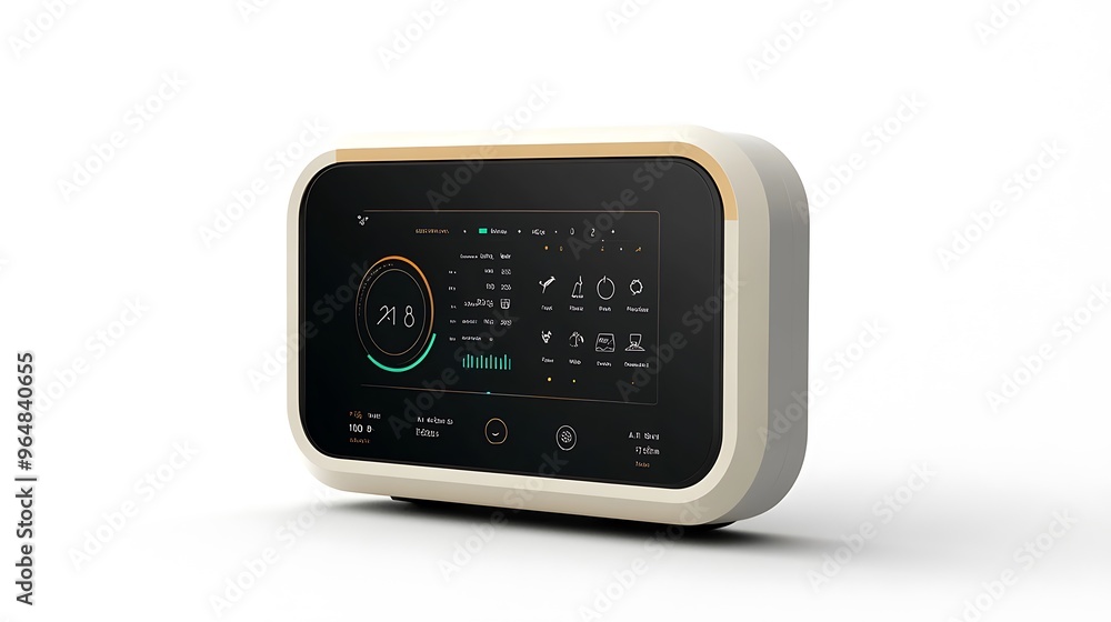 A high-tech smart irrigation controller with a sleek, user-friendly interface, isolated on a white backdrop. A high-tech smart irrigation controller with a sleek, user-friendly interface, isolated on a white backdrop.