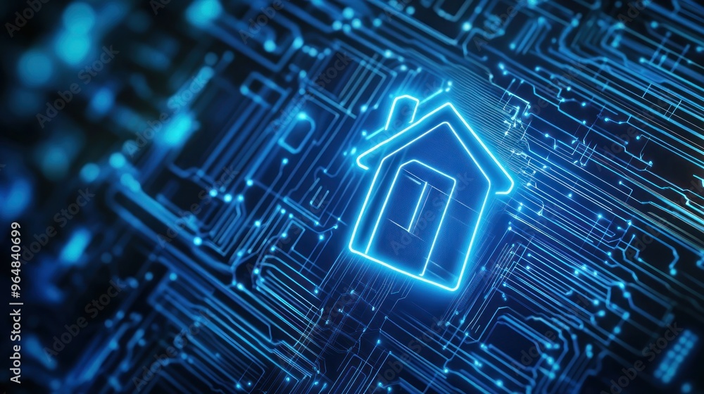 Smart Home Concept: A Digital House Icon Glowing on a Circuit Board Smart Home Concept: A Digital House Icon Glowing on a Circuit Board