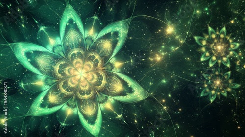 Intricate line art illustration of a fractal star explosion enhanced with glossy effects on an abstract green background