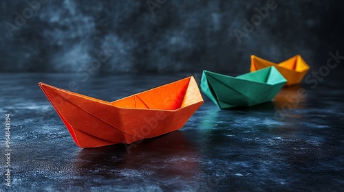 Three colorful paper boats on a dark background.