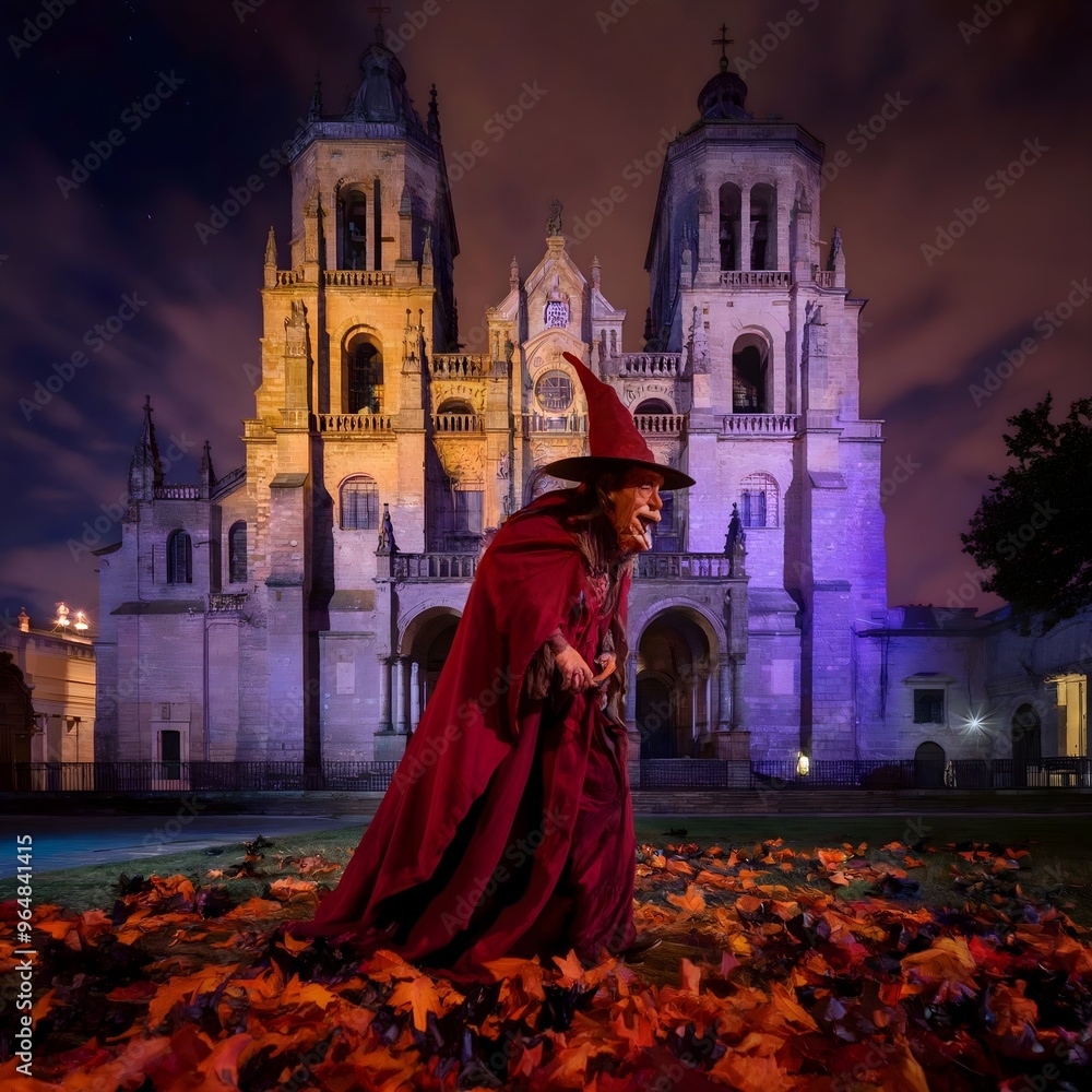 A scary red-dressed witch in the shadows in front of a church during a Halloween night. A scary red-dressed witch in the shadows in front of a church during a Halloween night.