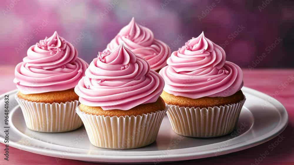 Four delicious cupcakes with pink frosting displayed on a white plate against a soft pastel background Four delicious cupcakes with pink frosting displayed on a white plate against a soft pastel background