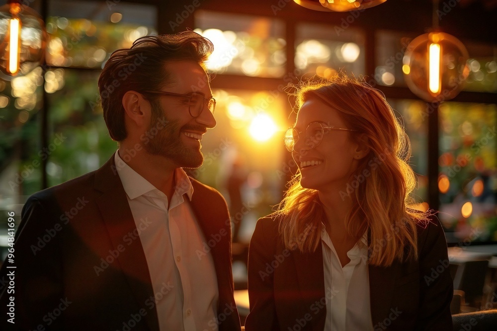 candid shot of a happy businessman and businesswoman discussing important matters in a modern office setting, showcasing teamwork and professionalism. candid shot of a happy businessman and businesswoman discussing important matters in a modern office setting, showcasing teamwork and professionalism.