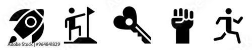 Set of motivation icons. Inspiration and self-discipline. Rocket, reaching goal, heart key, improvement, drive, determination. Solid icons. Vector illustration
