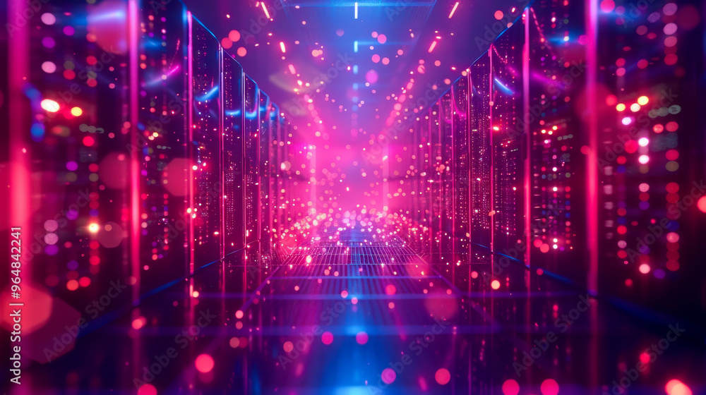 A vibrant data center filled with rows of servers, illuminated by colorful lights and glowing particles, creating futuristic atmosphere. A vibrant data center filled with rows of servers, illuminated by colorful lights and glowing particles, creating futuristic atmosphere.