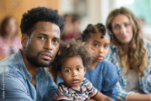 photo of a diverse couple in a courtroom with their attorneys, splitting custody of their children and house during a divorce process.