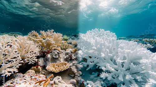 Fototapeta Naklejka Na Ścianę i Meble -  Coral Reef Comparison: Thriving vs. Bleached Ecosystems. A side-by-side comparison of a vibrant coral reef and a bleached reef, impact of global warming on marine life and the need for climate action.