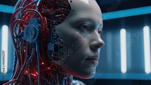 AI head surrounded by glowing red wires, set against a blue background. Impressive detailed composition, technological elegance, futuristic design, metallic textures, vibrant illumination, cybernetic  photo