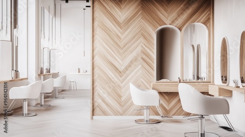 Modern Hair Salon Interior Design with Wooden Walls and White Chairs