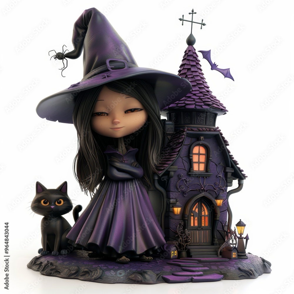 A whimsical witch figurine stands beside a spooky house, complete with a black cat and enchanting Halloween charm. A whimsical witch figurine stands beside a spooky house, complete with a black cat and enchanting Halloween charm.