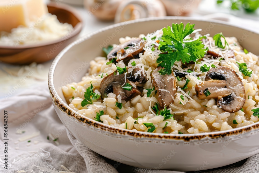 Delicious creamy mushroom risotto garnished with fresh herbs, perfect for a comforting meal any time of year.