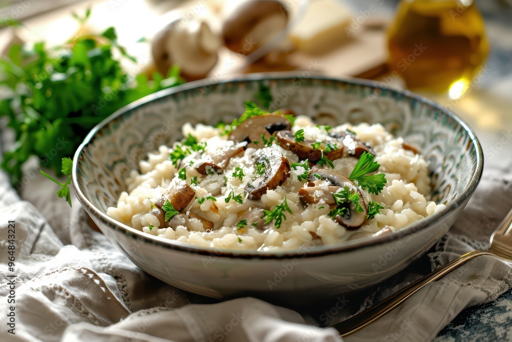 Delicious creamy risotto topped with fresh herbs and mushrooms, served in an elegant bowl. Perfect for gourmet dining. Delicious creamy risotto topped with fresh herbs and mushrooms, served in an elegant bowl. Perfect for gourmet dining.