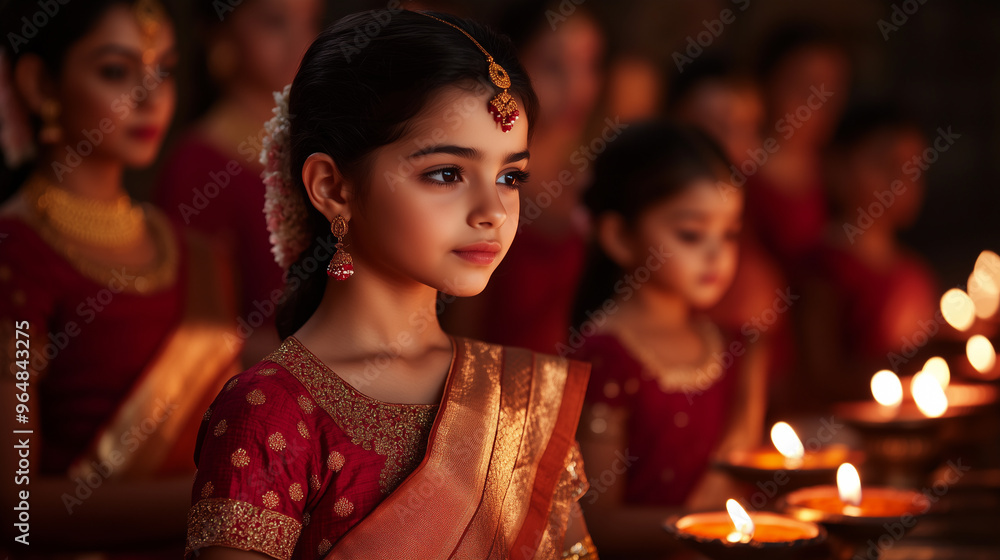 A beautiful moment during Diwali as a young girl, adorned in traditional attire, participates in Lakshmi Puja. Surrounded by women and girls dressed in red sarees A beautiful moment during Diwali as a young girl, adorned in traditional attire, participates in Lakshmi Puja. Surrounded by women and girls dressed in red sarees