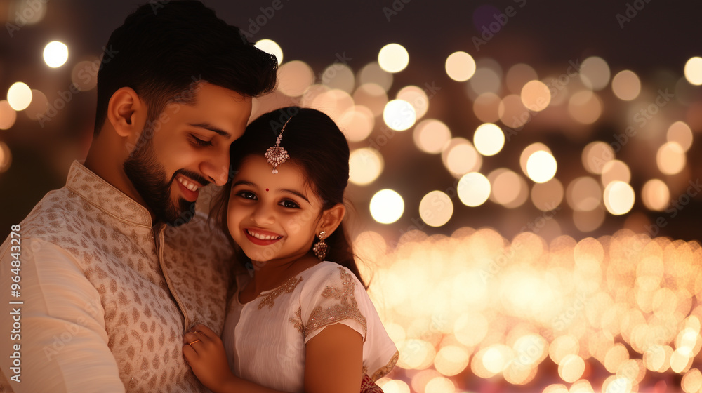 A joyful father and daughter sharing a warm embrace during Diwali, their smiles radiating happiness amidst the glow of festive lights. A joyful father and daughter sharing a warm embrace during Diwali, their smiles radiating happiness amidst the glow of festive lights.