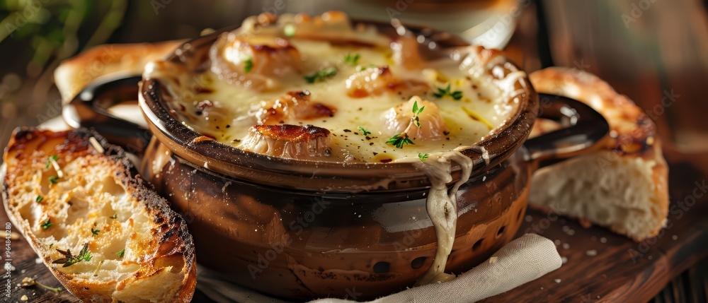 Delicious French onion soup in a ceramic bowl, topped with melted cheese and served with toasted bread, perfect for comfort food lovers. Delicious French onion soup in a ceramic bowl, topped with melted cheese and served with toasted bread, perfect for comfort food lovers.