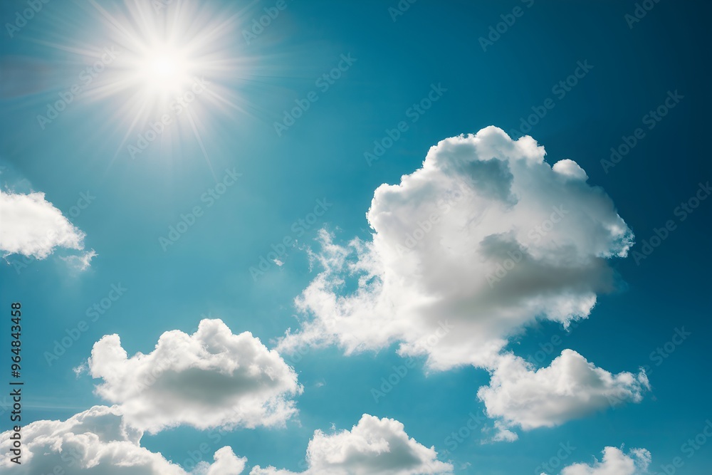 Radiant sun shines over vast blue sky with fluffy white clouds Radiant sun shines over vast blue sky with fluffy white clouds