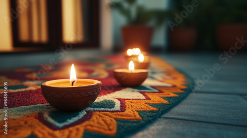 Lit Diyas on Rangoli Pathway photo