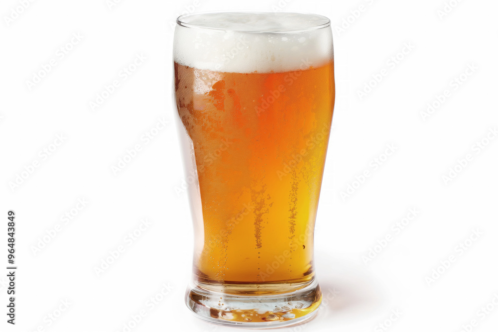 Glass of frothy beer with condensation against a white background. Image captures the refreshing and crisp nature of a cold beer Glass of frothy beer with condensation against a white background. Image captures the refreshing and crisp nature of a cold beer