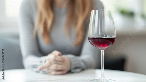 Glass of red wine on white table with person in background. Scene captures a calm and reflective atmosphere