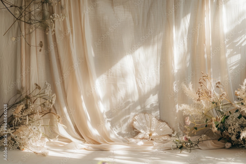 Delicate flowers and soft beige drapery create a tranquil atmosphere, bathed in natural light, enhancing the beauty of the indoor floral arrangement. Delicate flowers and soft beige drapery create a tranquil atmosphere, bathed in natural light, enhancing the beauty of the indoor floral arrangement.