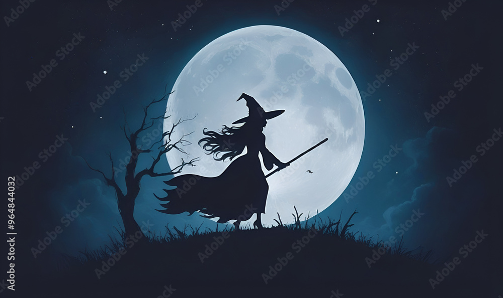 A witch on a broom flies against a backdrop of a full moon and stars, Halloween A witch on a broom flies against a backdrop of a full moon and stars, Halloween