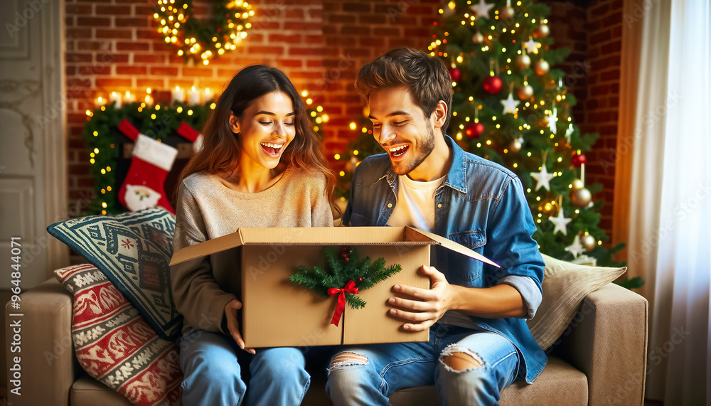 A couple sits on a couch, excitedly unveiling a gift box filled with surprises. The festive atmosphere is enhanced by twinkling lights and a decorated Christmas tree in the background A couple sits on a couch, excitedly unveiling a gift box filled with surprises. The festive atmosphere is enhanced by twinkling lights and a decorated Christmas tree in the background