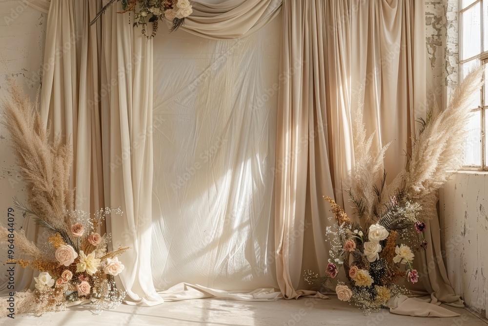 A beautifully arranged floral backdrop features draped fabric and tall pampas grass, creating a lovely atmosphere filled with natural light, perfect for events or photoshoots. A beautifully arranged floral backdrop features draped fabric and tall pampas grass, creating a lovely atmosphere filled with natural light, perfect for events or photoshoots.