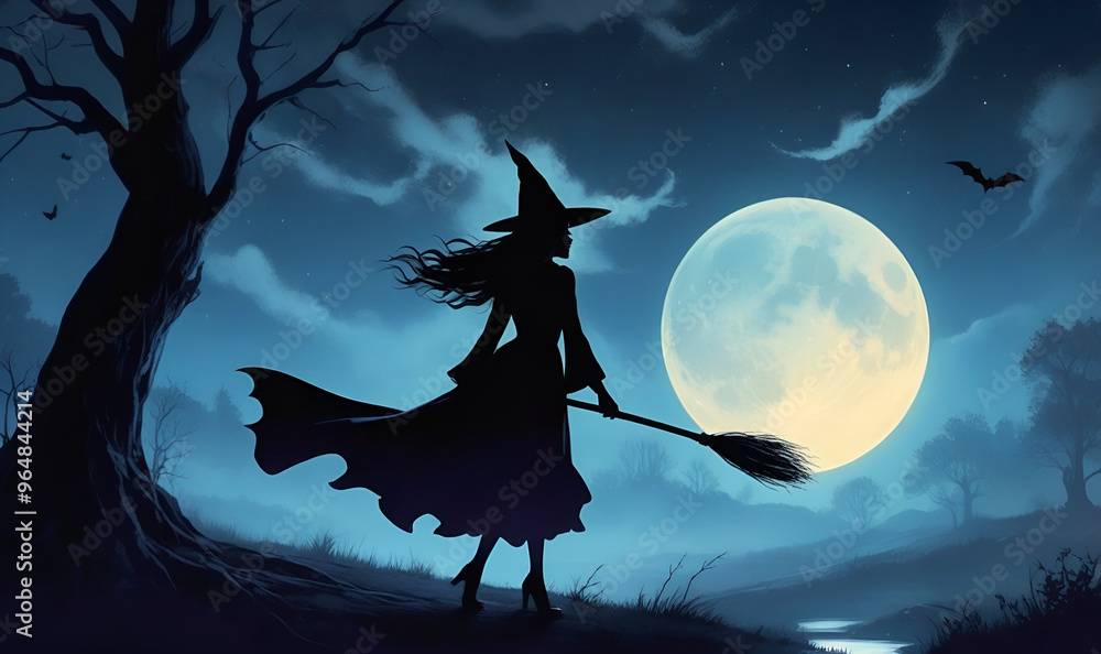 Fototapeta premium A witch on a broom flies against a backdrop of a full moon and stars, Halloween