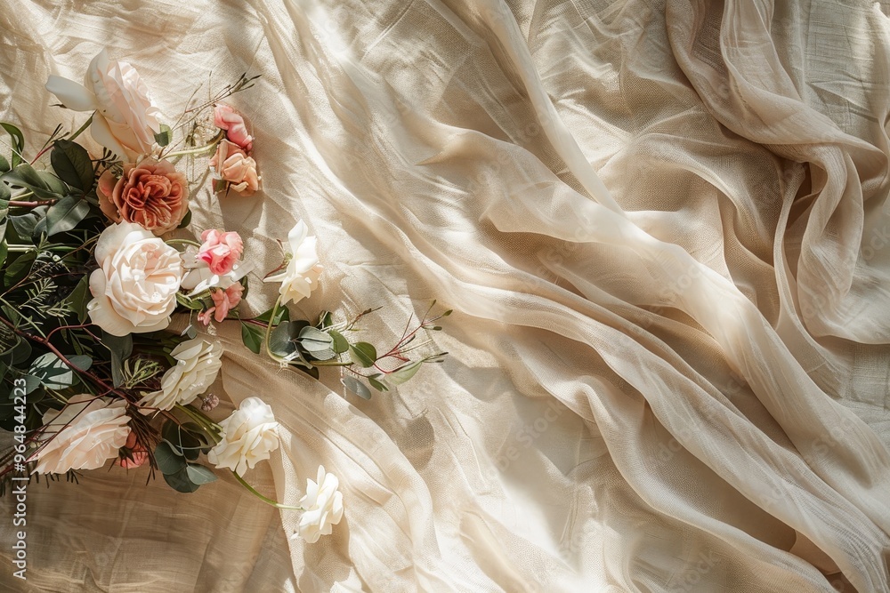 A delicate display combines luxurious fabric and vibrant flowers, creating a serene atmosphere perfect for events, photo shoots, or interior styling. A delicate display combines luxurious fabric and vibrant flowers, creating a serene atmosphere perfect for events, photo shoots, or interior styling.