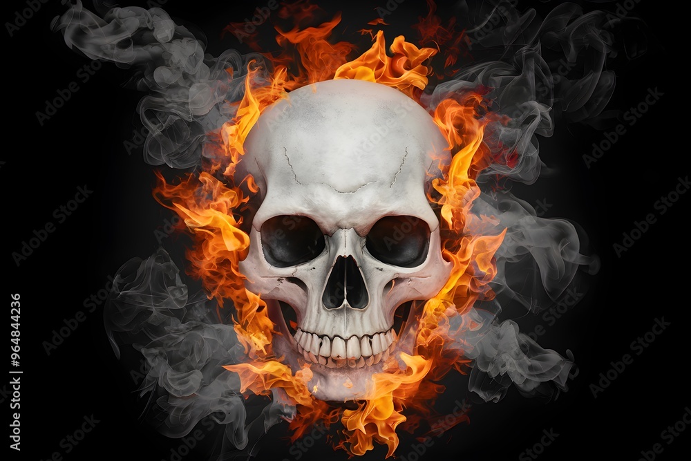 Skull surrounded by flames, smoke, against dark ominous background, intense scene Skull surrounded by flames, smoke, against dark ominous background, intense scene