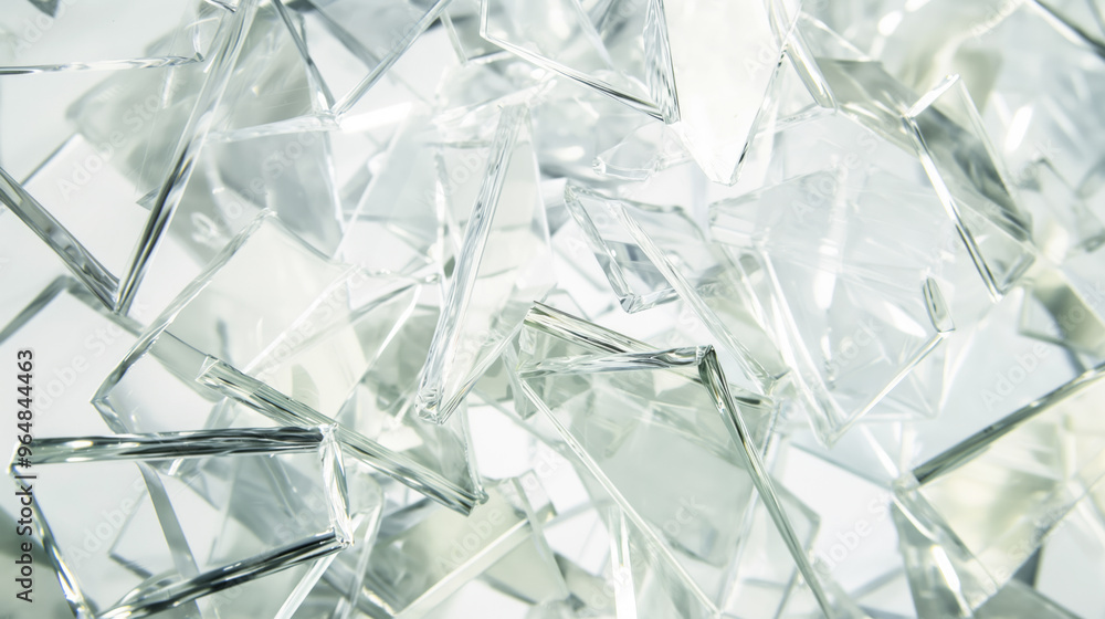 Close-up of overlapping shards of broken glass with clear and reflective surfaces. The intricate and chaotic arrangement creates a complex visual pattern Close-up of overlapping shards of broken glass with clear and reflective surfaces. The intricate and chaotic arrangement creates a complex visual pattern