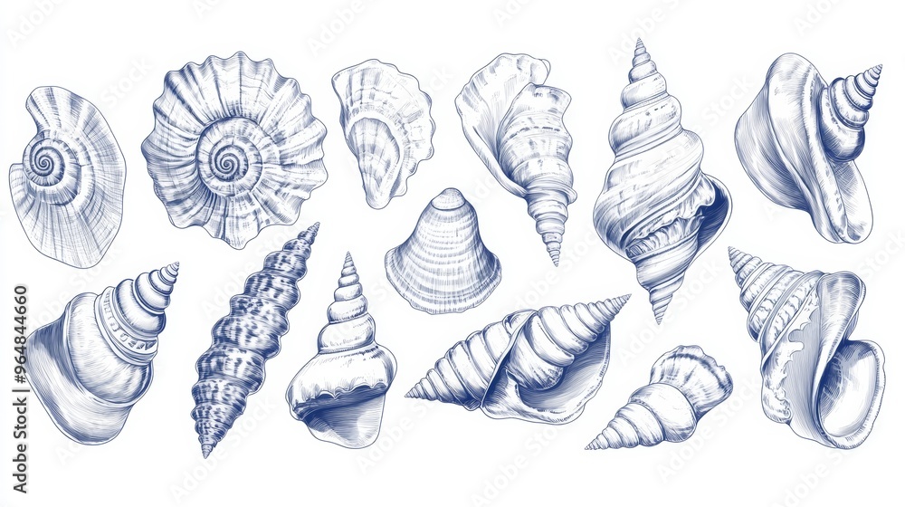 Dashed lines and labels depict seashells and cowries in a hand drawn pattern of line art Dashed lines and labels depict seashells and cowries in a hand drawn pattern of line art